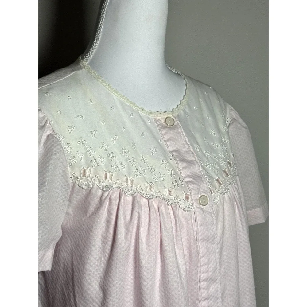 Vtg Carole Pink Seersucker Nightgown Housecoat Set Sz‎ S USA Pocket Cottagecore